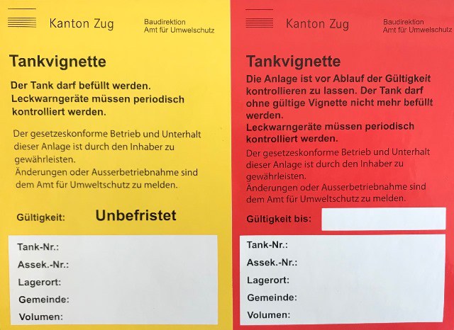 Rote und gelbe Tankvignette des Kantons Zug