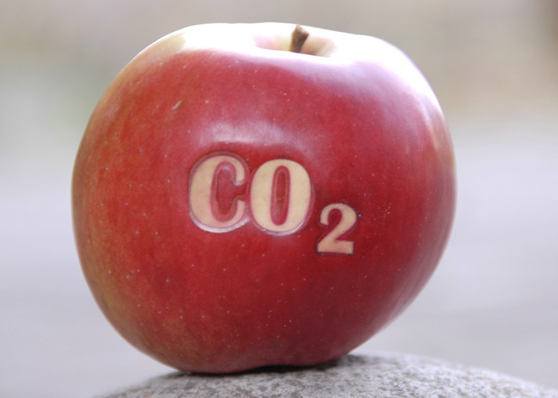 Roter Apfel mit CO2 Aufschrift