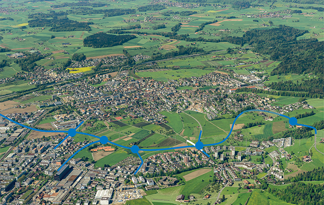 Luftbild Übersicht Tangente Fussgängerbrücke Inwil