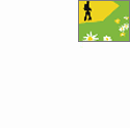 Abbildung eines Wanderers vor einer Blumenwiese