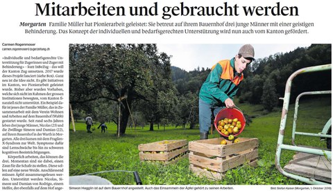 Ausschnitt aus Artikel Zuger Zeitung zum Modellprojekt Bauernhof
