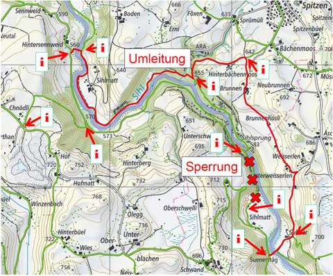 Umleitung vom Wanderweg Sihlmatt nach dem Felssturz (gesperrt)