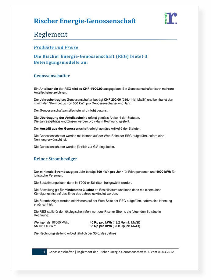 Reglement, Rischer Energie
