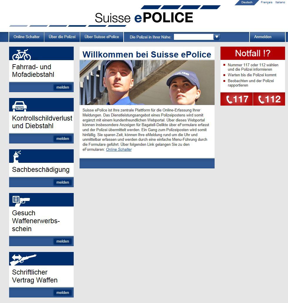 Screenshot Website Suisse ePolice